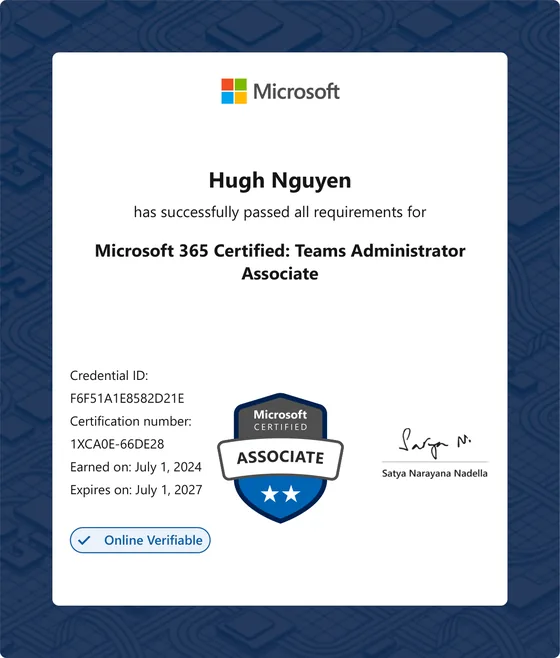 Microsoft 365 Certified: Teams Administrator Associate certificate