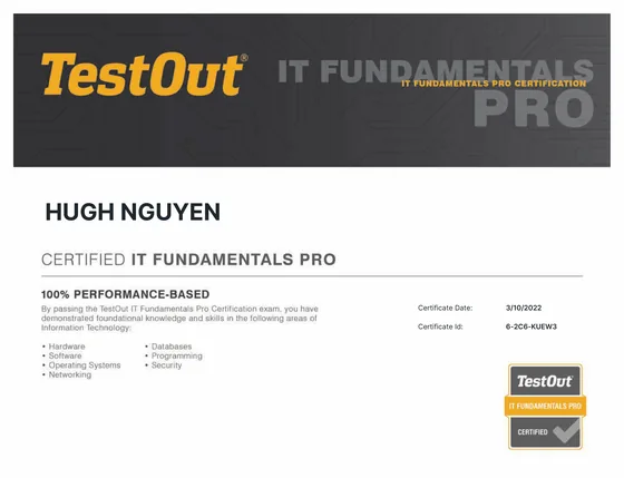 CompTIA TestOut IT Fundamentals Pro certificate
